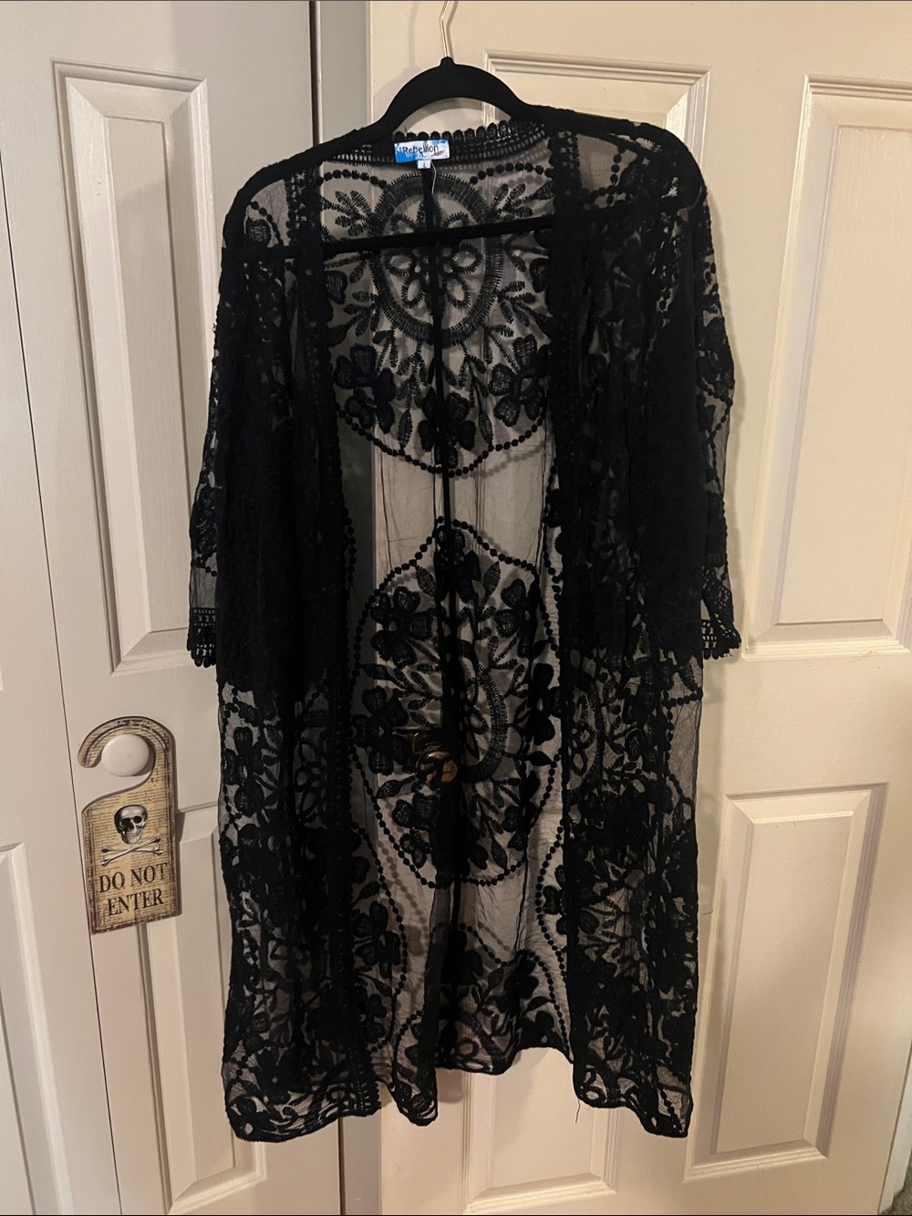 Rebellion Sheer Black Floral Lace Kimono Robe